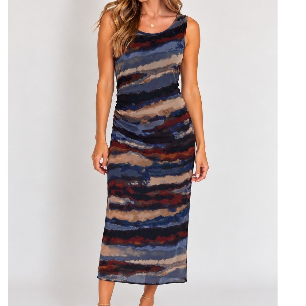 Leslie Fay Abstract Ruched Mesh Midi Dress Cocktail Career Quiet Luxury Romantic